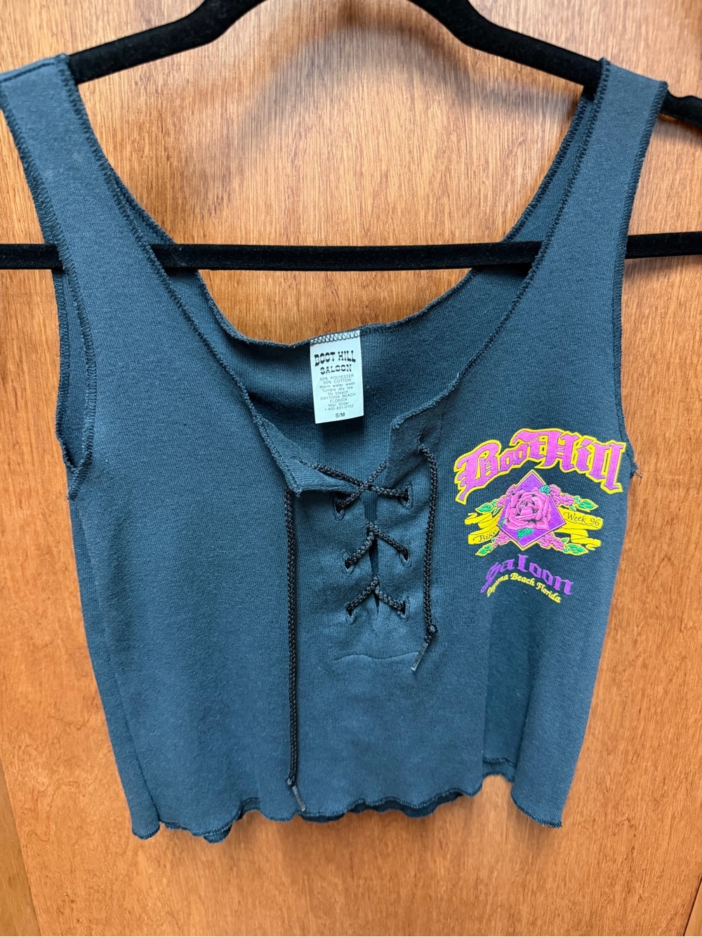 Boot Hill Saloon Vintage Black Lace-Up Crop Tank with Neon Rose Graphic